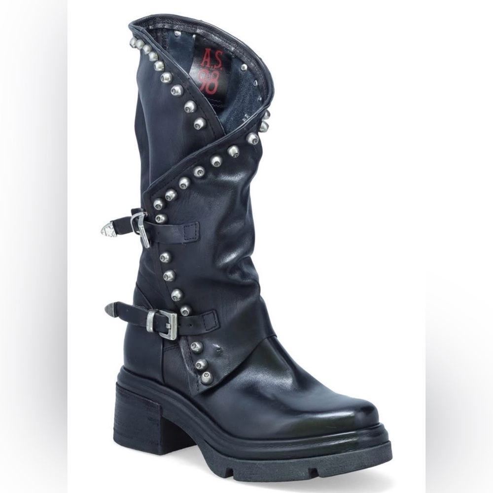 A.S.98 Black Leather Black Studded Boot. Unique and made extremely well.